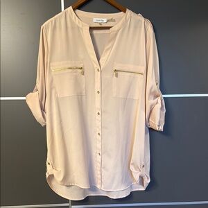 Calvin Klein Tan 3/4 Sleeve Blouse with Mandarin Collar